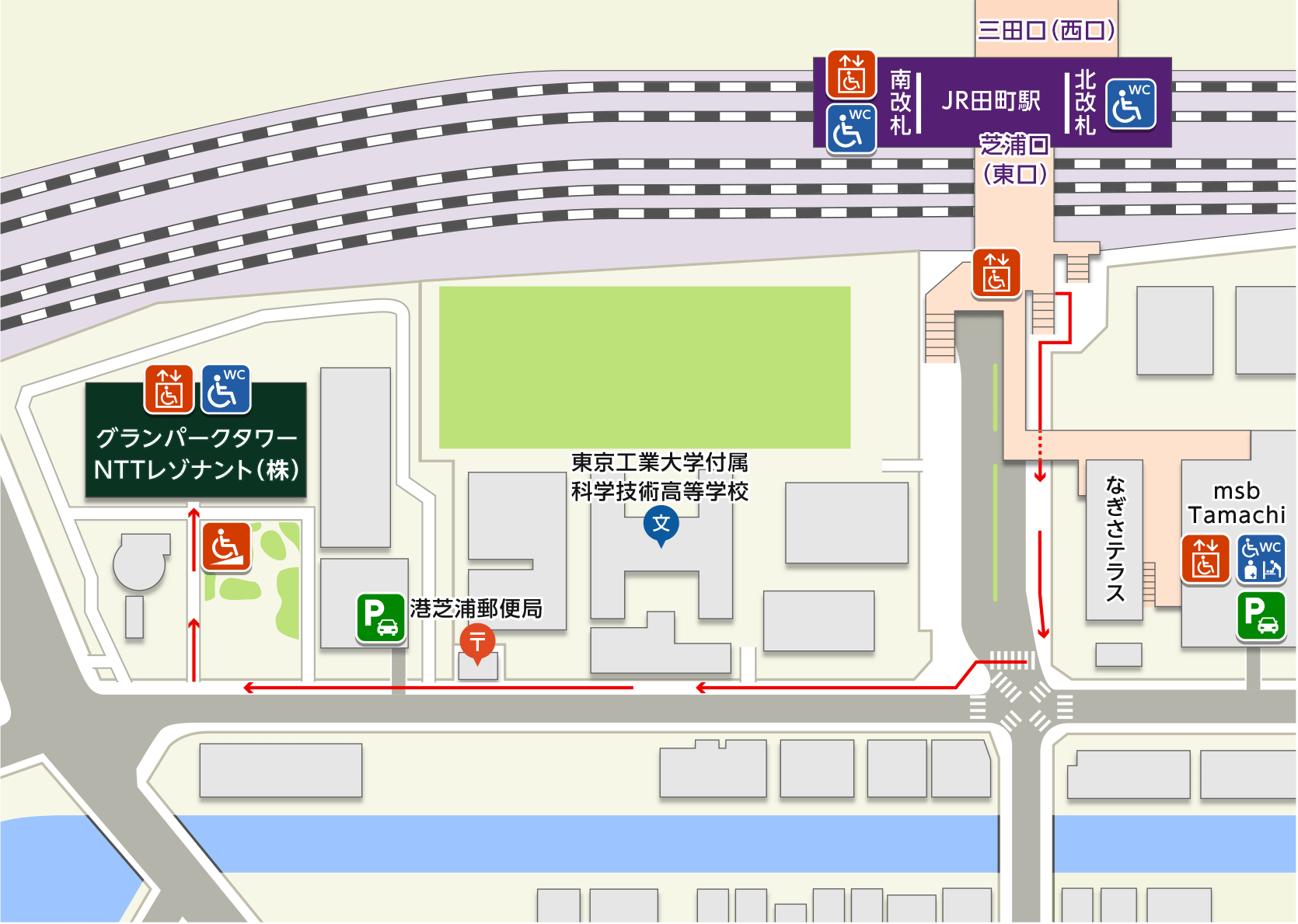 地図：JR田町駅東口（芝浦口）南改札からNTTレゾナント株式会社がある、グランパークタワーまでの道順が書いてあります。道順には1から8の番号がついています。8番は、ビルの地下駐車場の位置です。視覚障がい者の方には、ウェブページの後半に、ことばで道順を案内しています。