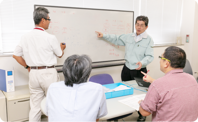 写真：ホワイトボードを前に、平岡さんと3人の男性が意見を出し合う様子