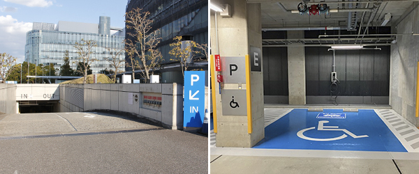 写真：地下駐車場入り口と身障者スペース