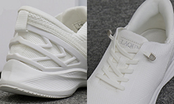 写真：白い「LAQUN（ラクーン）」のカカトの部分と靴紐を強調
