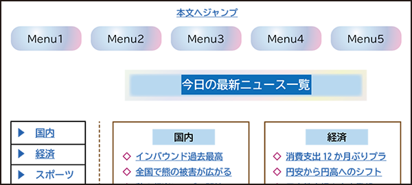 イラスト：ホームページの上に「本文へジャンプ」という文字があるニュースサイト画面例