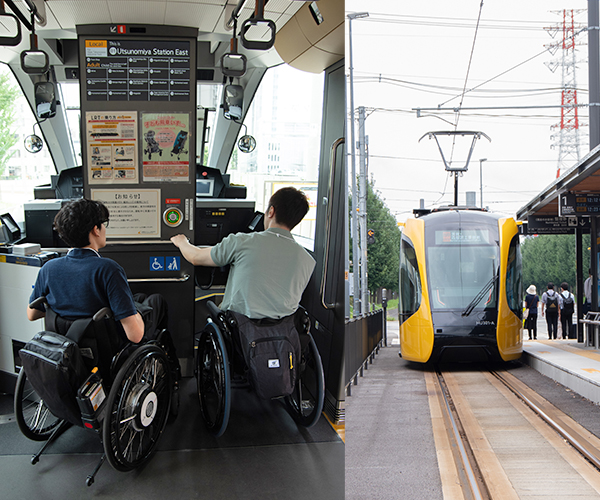 写真：車いすユーザの編集部員が2人で前を向いている車内とLRTを前から見た外観